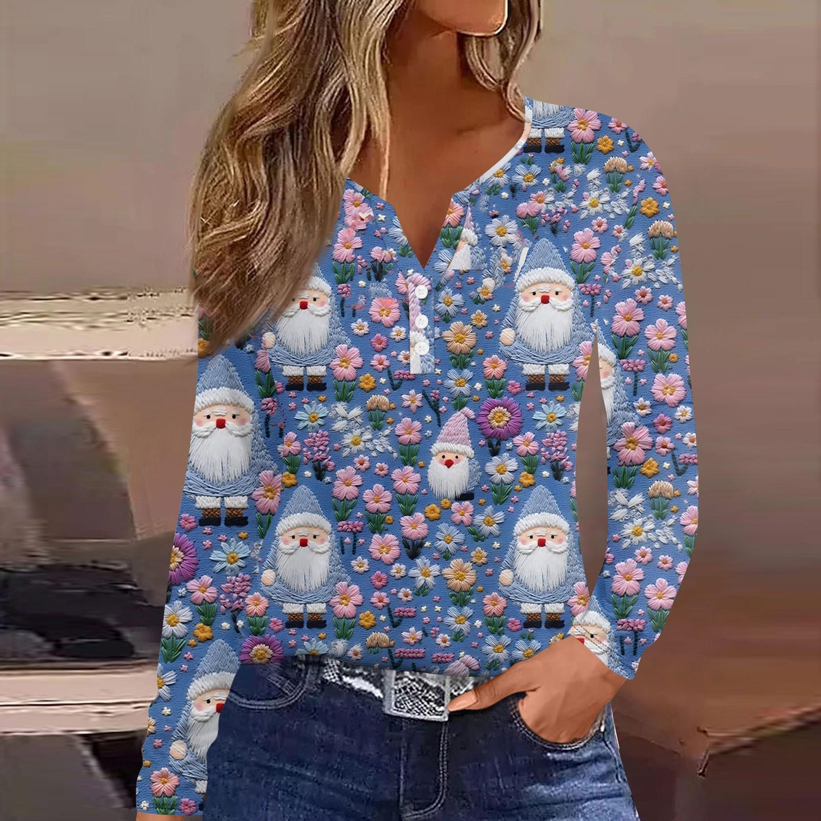 

Женская модная повседневная футболка с длинным рукавом и V-образным вырезом на рождественском принте на пуговицах XL фиолетовый