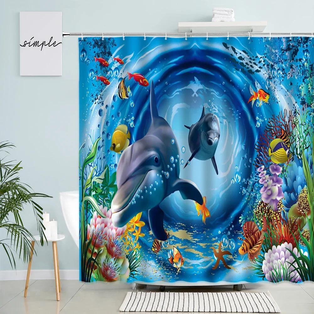Dolphin Shark Shower Curtain Coral Tropical Fish Sea Turtle Underwater World Landscape Modern Children Bathroom Curtains Decor