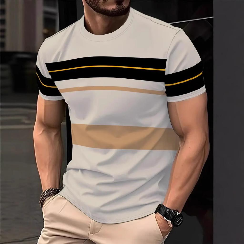 Casual Striped T Shirt For Mens Short Sleeve Tops Oversized O-Neck Pullover Street Men's Tee Summer Apparel