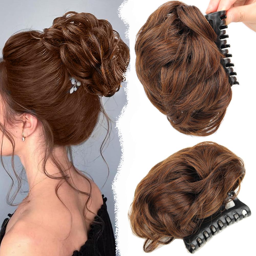 Peluca sintética con clip para mujer, extensiones de cola de caballo, moño despeinado, moño elegante y rizado.