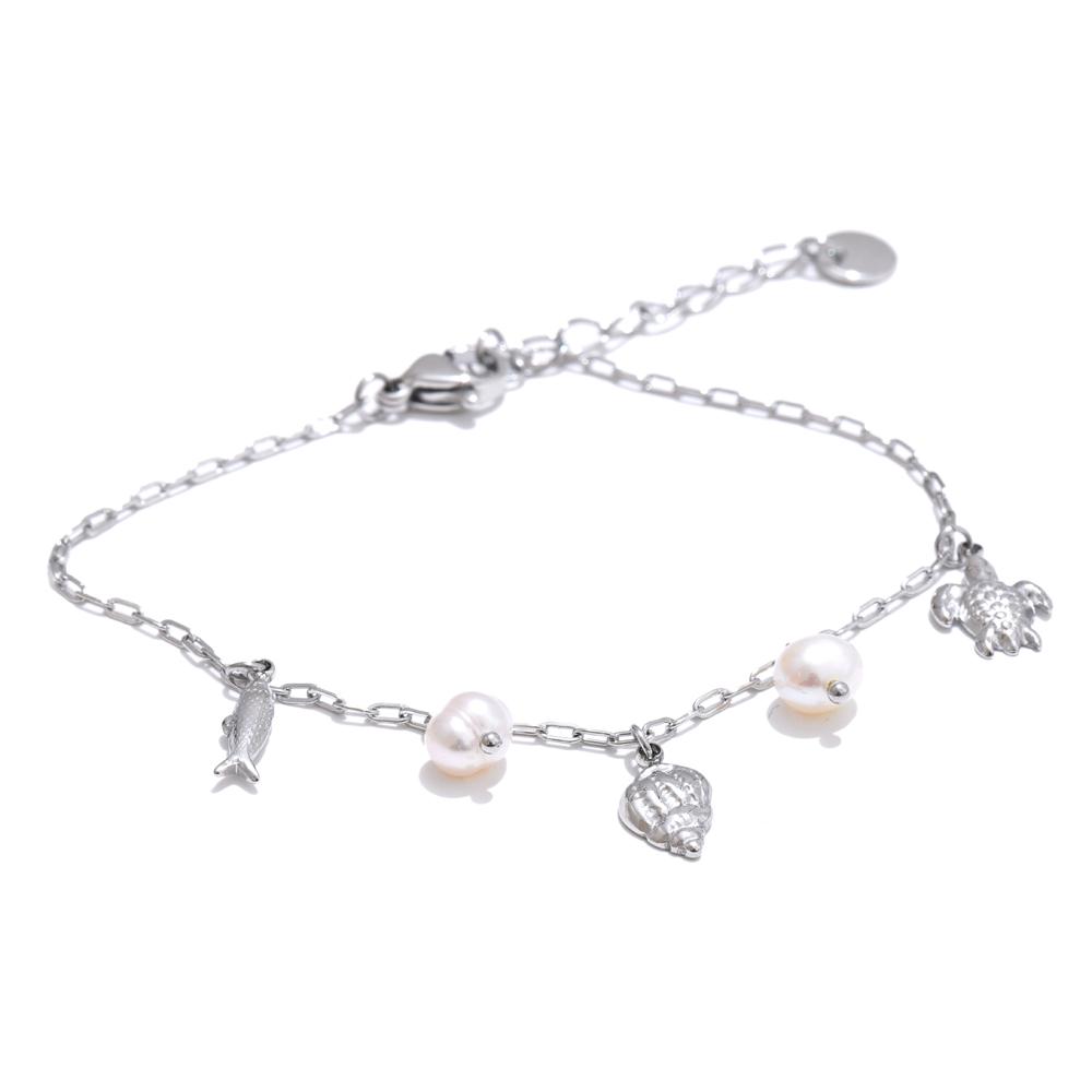 Yhpup Ocean Style Summer Accessories Natural Pearl Shell Fish Drop Chain Bracelet Bangle Stainless Steel High Quality Jewelry