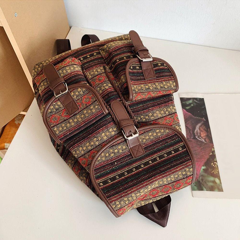 Fashion Ethnic Style Shoulders Backpack Adjustable Strap Large Capacity Kids Schoolbag Casual Plaid Travel Rucksack