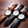 Men's Waterproof Quartz Watch Brown Strap Round Dial Simple Design Black Case