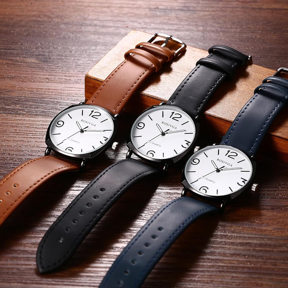 Men's Waterproof Quartz Watch Brown Strap Round Dial Simple Design Black Case