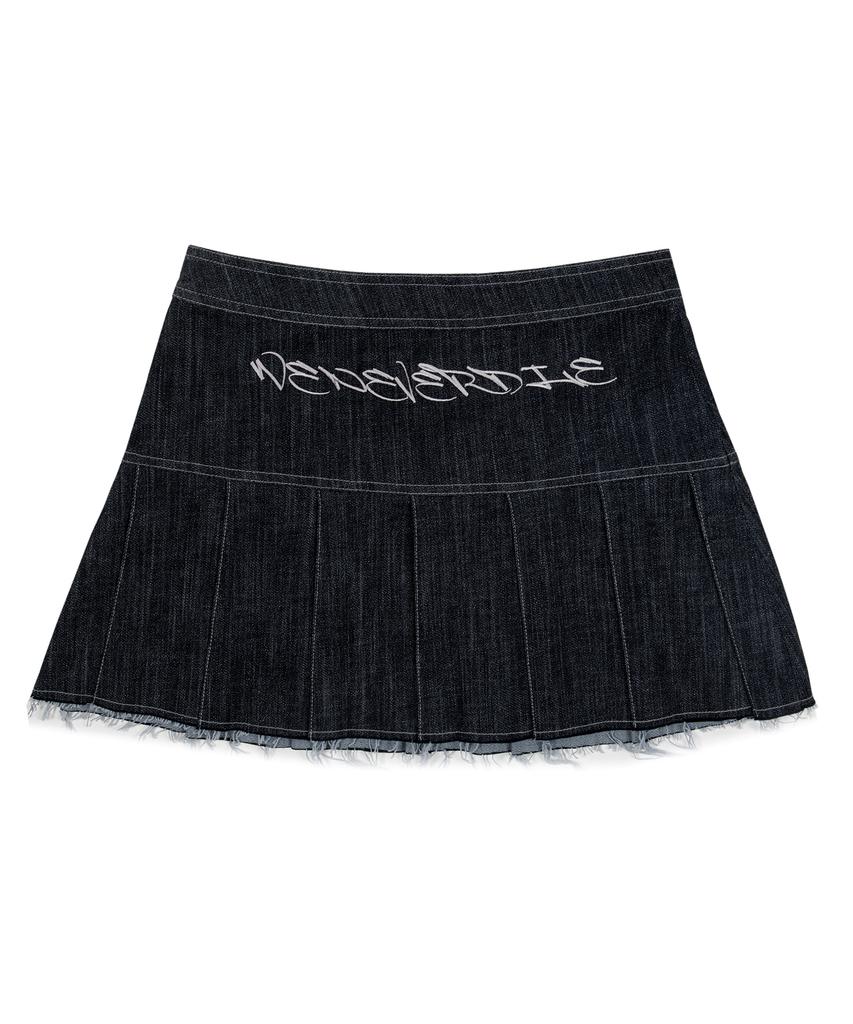 Leoninghai Non-Faded Pleated Denim Skirt [Black]