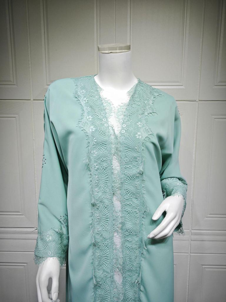 MQ214 Spitzen-Patchwork Langer Mantel - Bescheidene Abaya Robe für Muslimische Mode