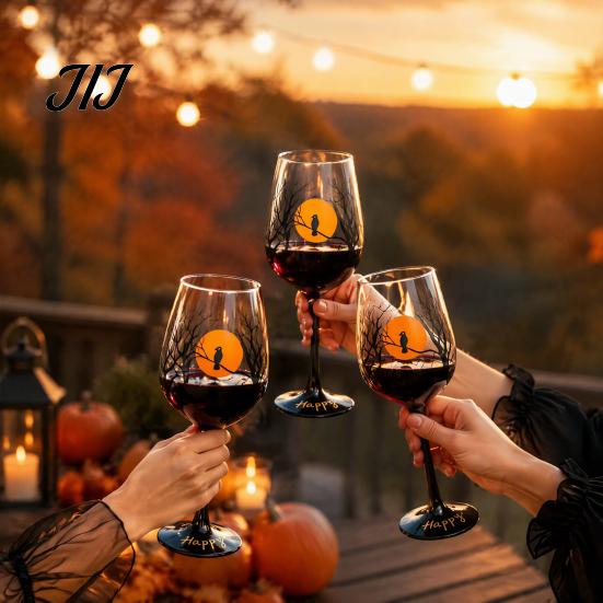 Set di Bicchieri da Vino a Tema Halloween con Gambo, Calice Artistico Dipinto a Mano, Idee Regalo Uniche, Capacità 720ml, Bicchieri Decorativi