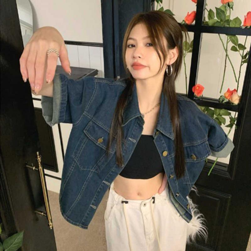 Korean Style Chic Retro Short Lapel Denim Jacket for Women