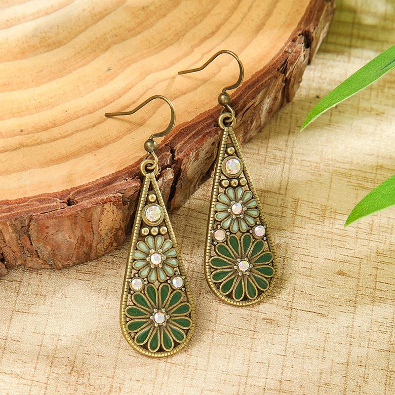 Fashion Ethnic Boho Enamel Flower Long Drop Dangle Earrings For Women Rhinestone Geometric Waterdrop Vintage Wedding Zircon