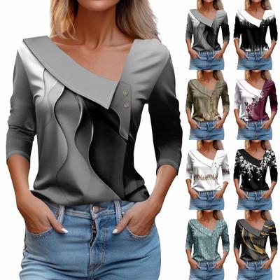 Women's T Shirt Tee Printed 3/4 Sleeve Lapel V Neck Button Pullover Tops