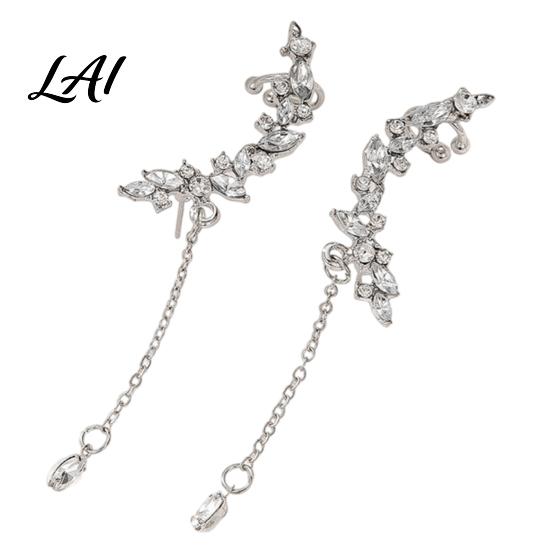 Sparkling Tassel Earrings 1 Pair Boho Rhinestone Leaf Ear Cuff Earrings Sparkly Long Photogenic Statement Chain Dangle Wedding Party Jewelry