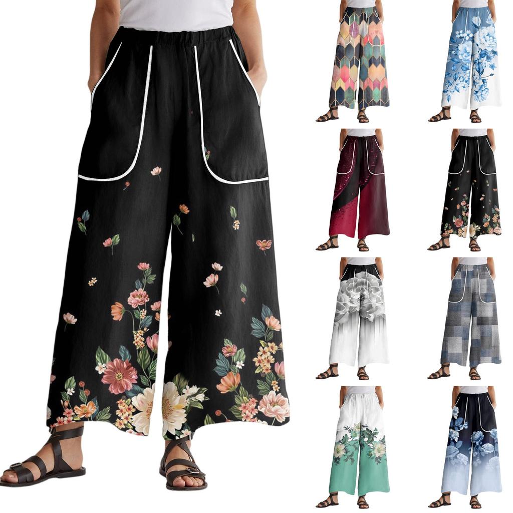Women's Wide Leg Pants With Elastic Waistband, Retro Printed Large Pockets, Patchwork Loose Pants