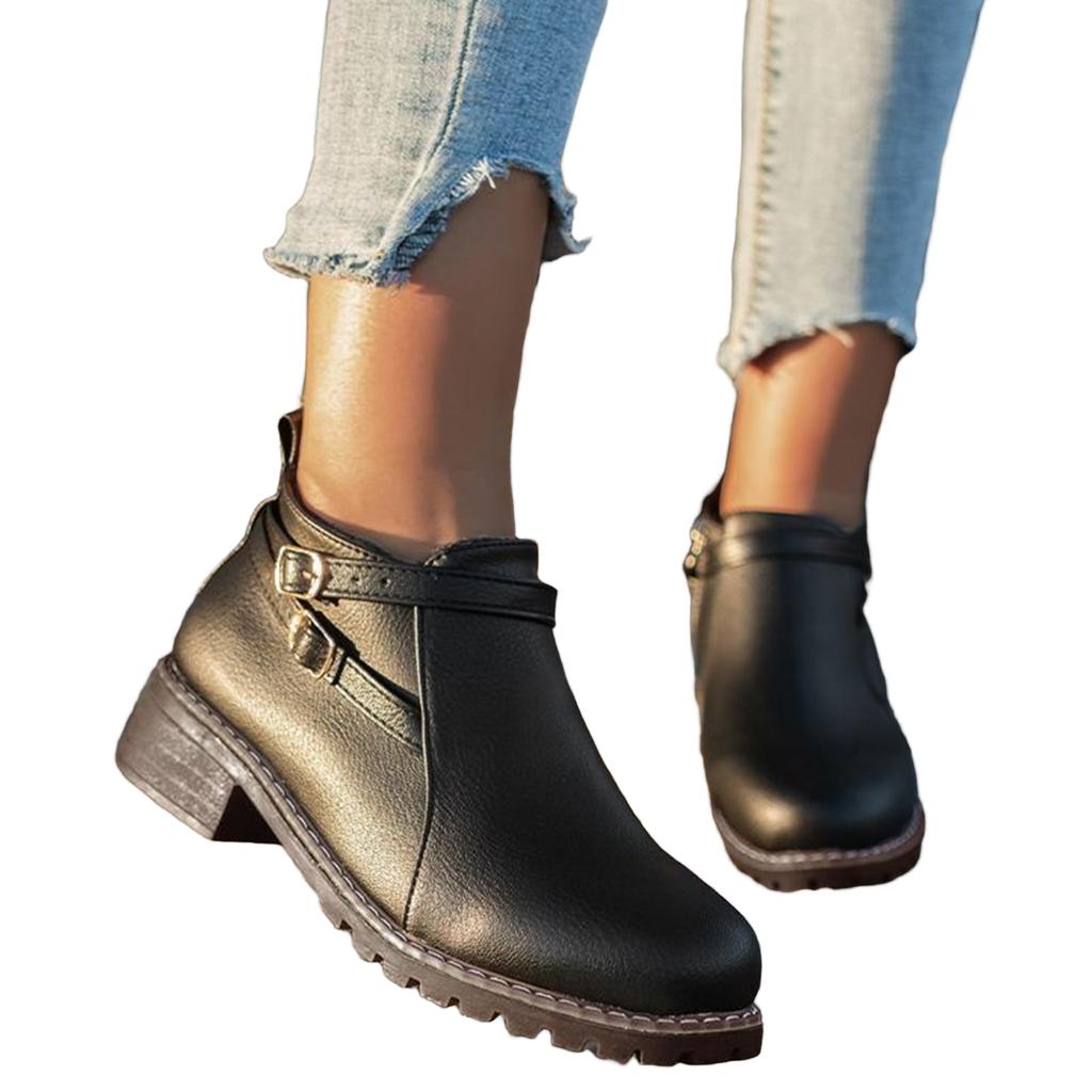 Women's Short Boots with Side Zipper, Low Heel and Belt