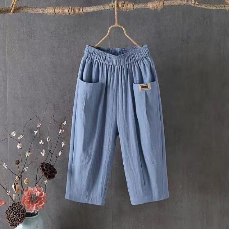 Women's Casual Summer Cotton Hemp Cropped Pants Wide Leg Mid Rise Elastic Waistband Solid Color Comfortable Trendy