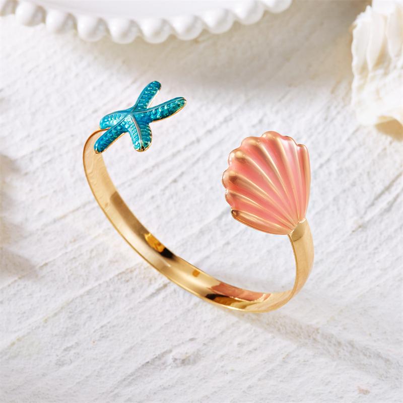 Summer Vacation Starfish Shell Bangle Bracelet Beach Ocean Sea Shell Cuff Bohemian Resort Tropical Jewelry For Women