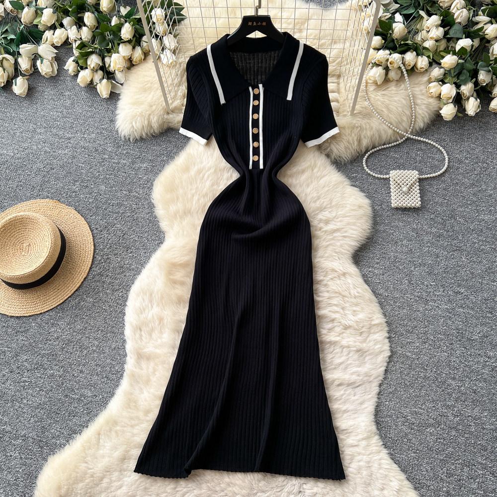 

Summer Knitted Sweater Dress Polo Collar Bottoming Women Short Sleeve Casual High Waist Elastic Party Dresses One size