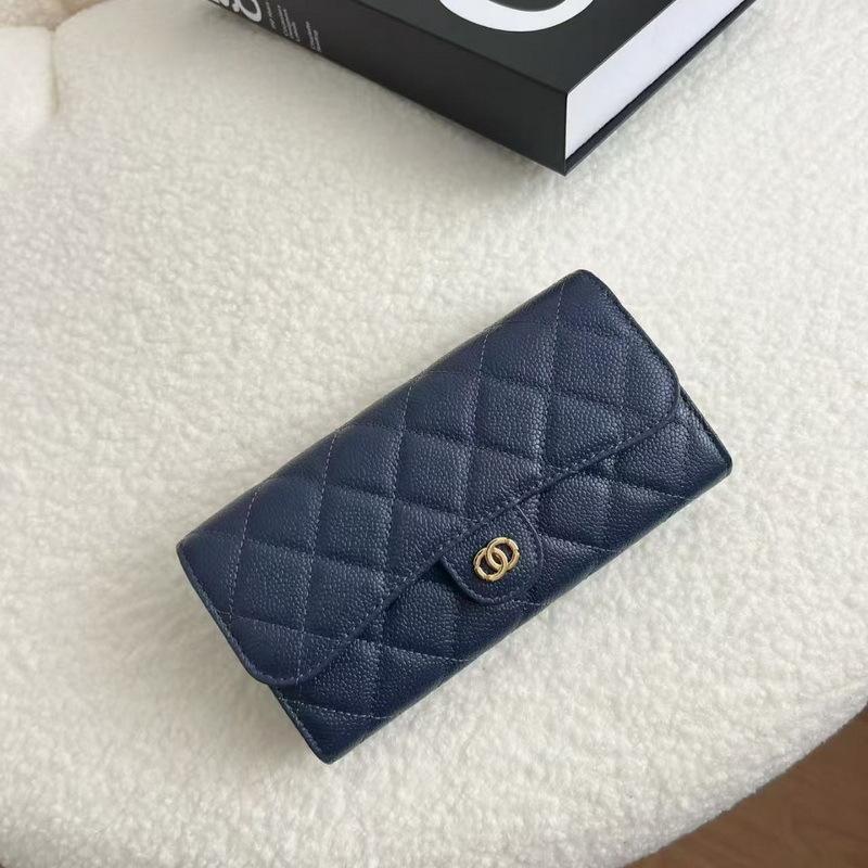 2026 New Caviar Patterned Cowhide Long Three Fold Wallet Hand-held Bag Chain Strap Crossbody Genuine Leather Women's