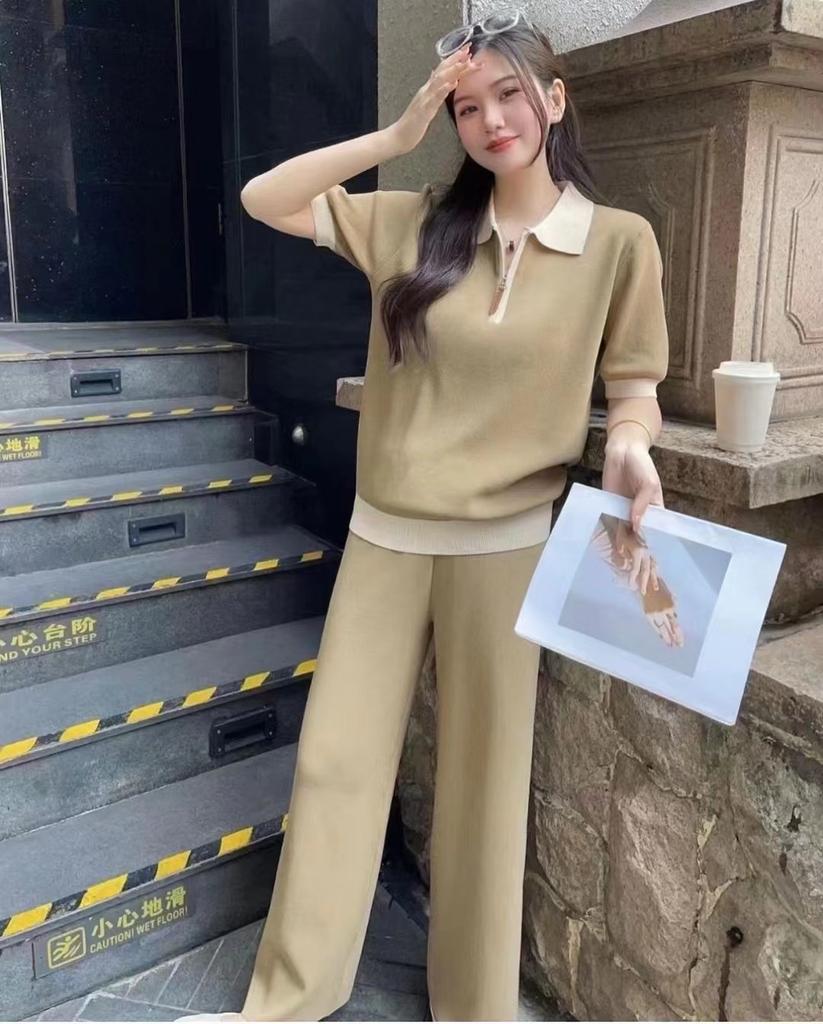 Lapel short-sleeved women's 1116 new summer foreign style age reduction versatile loose and thin POLO knitted two-piece set