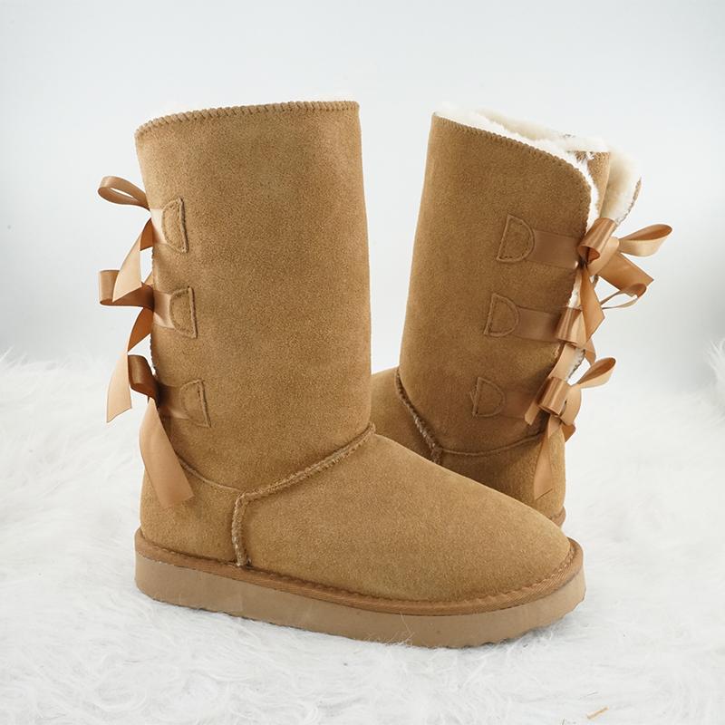 Novedad Invierno Pajarita Niña Botas Altas Cuero Genuino Mujer Botas de Nieve Botas de Felpa Gruesa Zapatos de Mujer Zapatos Cálidos