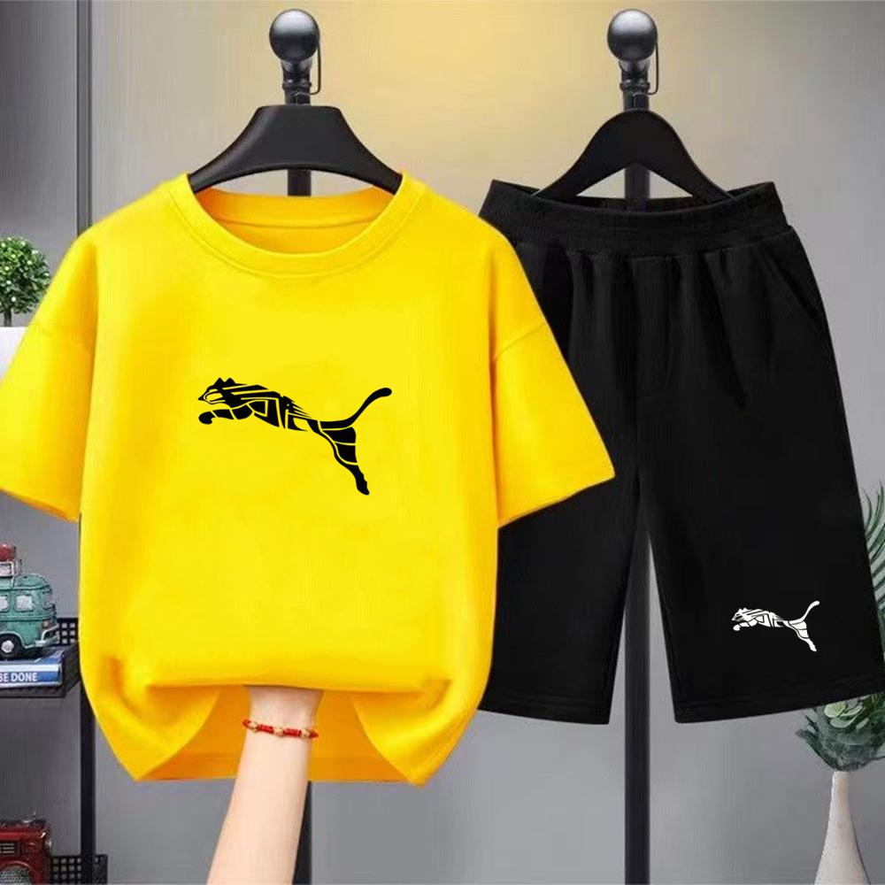 Set Due Pezzi T-shirt Bianca+Pantaloncini per Bambini Stampa Ragazzi Ragazze Toddler 3-12 Anni Sportivo Casual Abbigliamento Marca