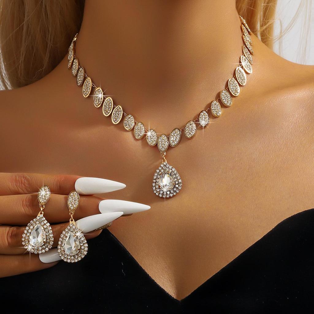 Elegant Diamond Earrings & Necklace Set - Luxury Jewelry for Ladies, Perfect for Dinner and Weddings, European & American Style.