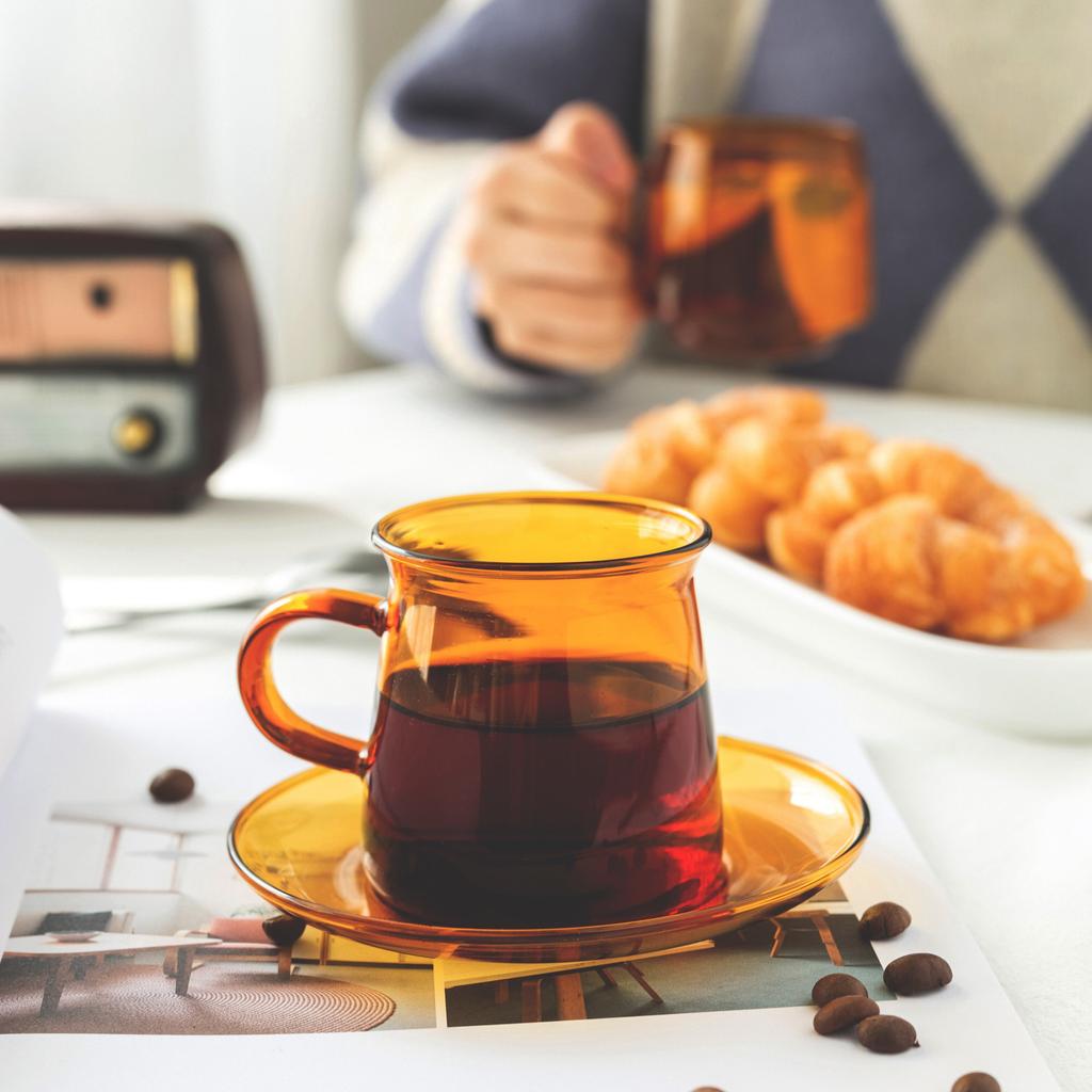 Retro 220ml  Classic Simple Glass Tea Cup  Saucer Set Coffee Cup Set  Colorful Heat Resistant Drink Ware