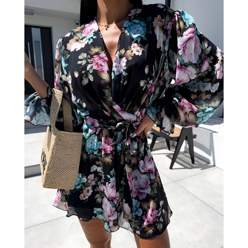 Neue Mode Vintage Puffärmel Print Floral Jumpsuits Damen Elegant Slim Fit Casual Damen Strampler V-Ausschnitt Schnürung Bürodame Sommer Bodys 26160