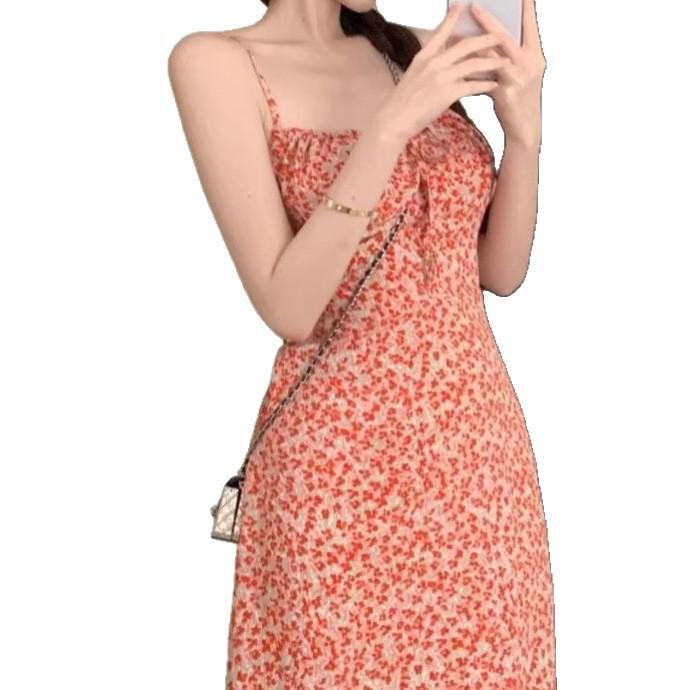 French floral lace-up suspender dress women's summer new waist thin medium and long dress red holiday skirt