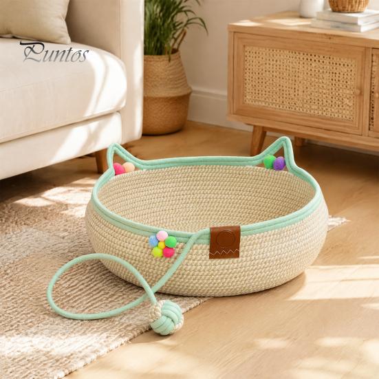 Cozy Cat Bed for All Seasons Handwoven Cotton Rope Bed, Scratchable Indoor Sleeping Basket, Breathable Woven with Pad Round Pet House Cats Kittens And
