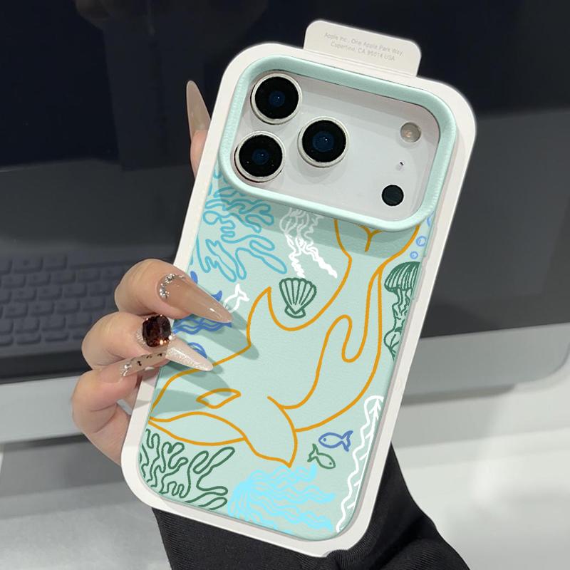 Trendy Ocean Style Whale Pattern Case For iPhone 17 16 Pro Max Luxury Leather Texture Matte Silicone Cover For iPhone 15 14 13 Pro Max 11 16e 17e