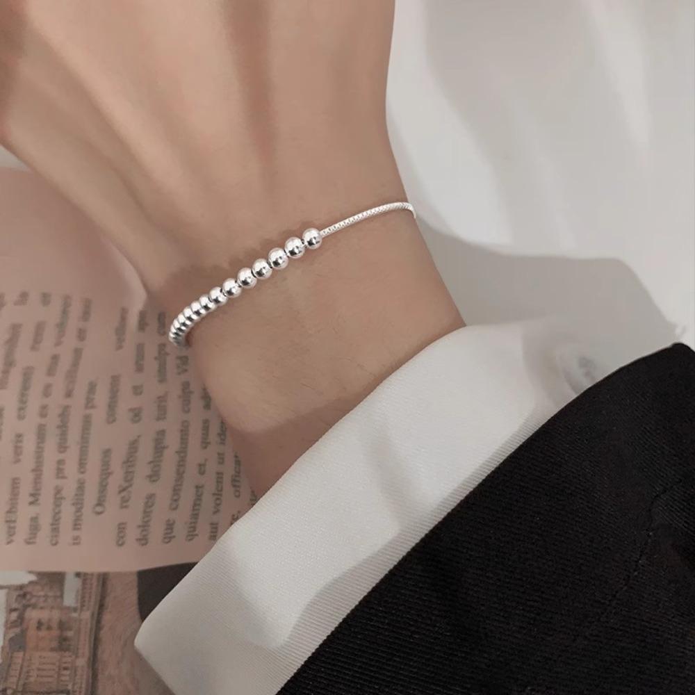 Simple Trend Silver Color Stainless Steel Geometric Small Round Beads Beaded Adjustable Pull-out Bracelet for Women Jewelry Gift