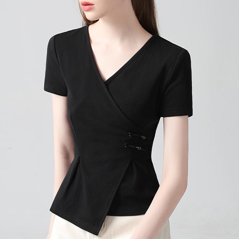 

Женская футболка с коротким рукавом, с V-образным вырезом, на пуговицах, хлопковая футболка, топ с неровным подолом и акцентом на талии XXXL чёрный