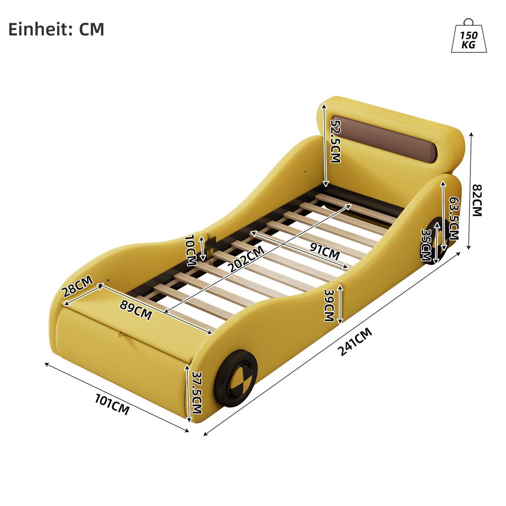 90x200cm, Jugendbett, Polsterbett in Form eines Autos mit beleuchteten Rädern und Stauraum, PU, Ohne Matratze, Gelb