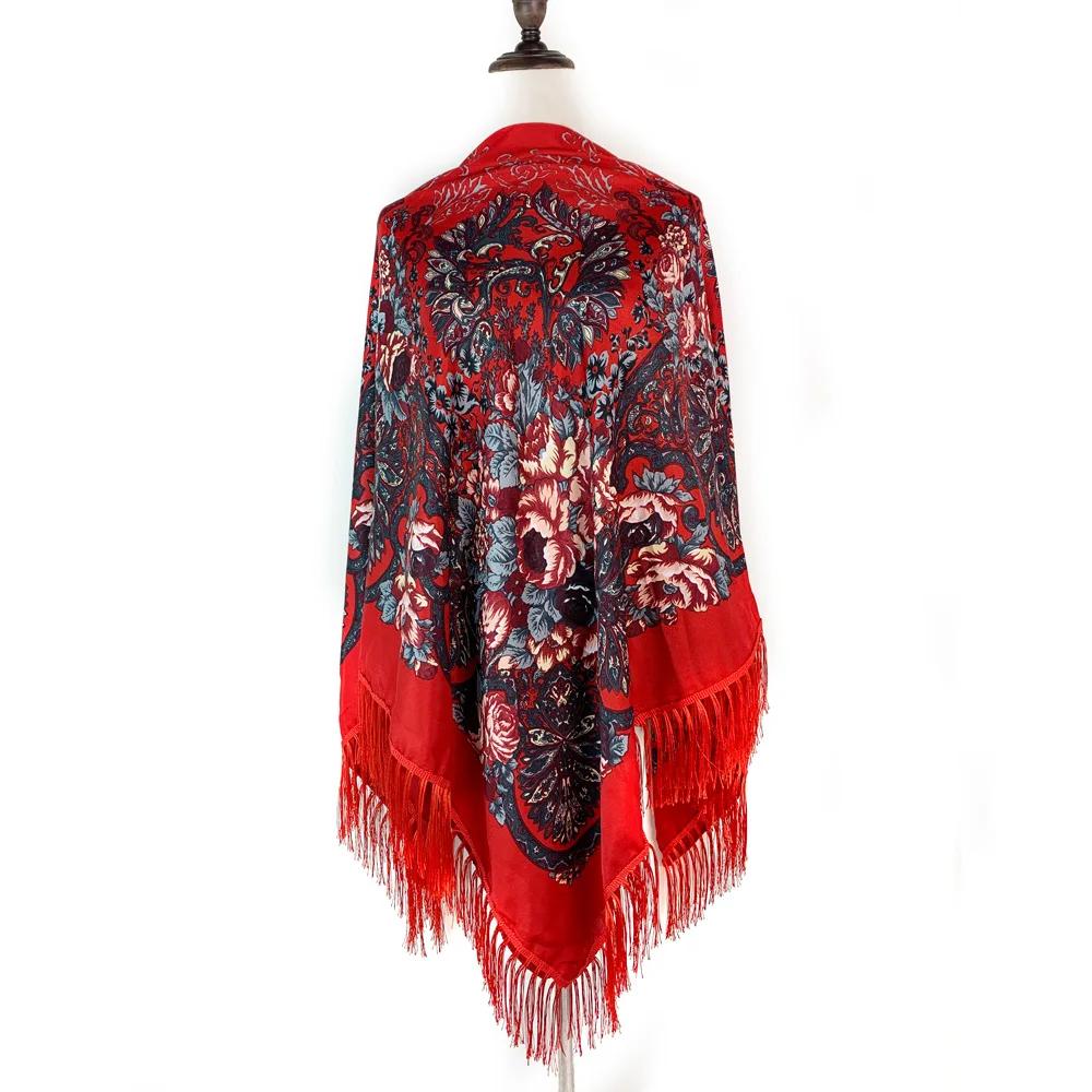 160*160cm Luxury Flower Print Russian Square Scarf Women Traditional Ukrainian Shawl Ethnic Fringed Bandana Babushka Head Wraps
