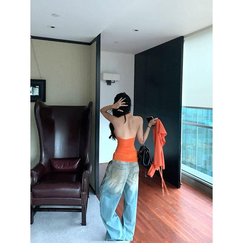 Kumikumi Fashion Suit Orange Single Breasted Halterneck Vest Women's Clothing Fall Sun Protection Knit Cardigan Two-piece Set