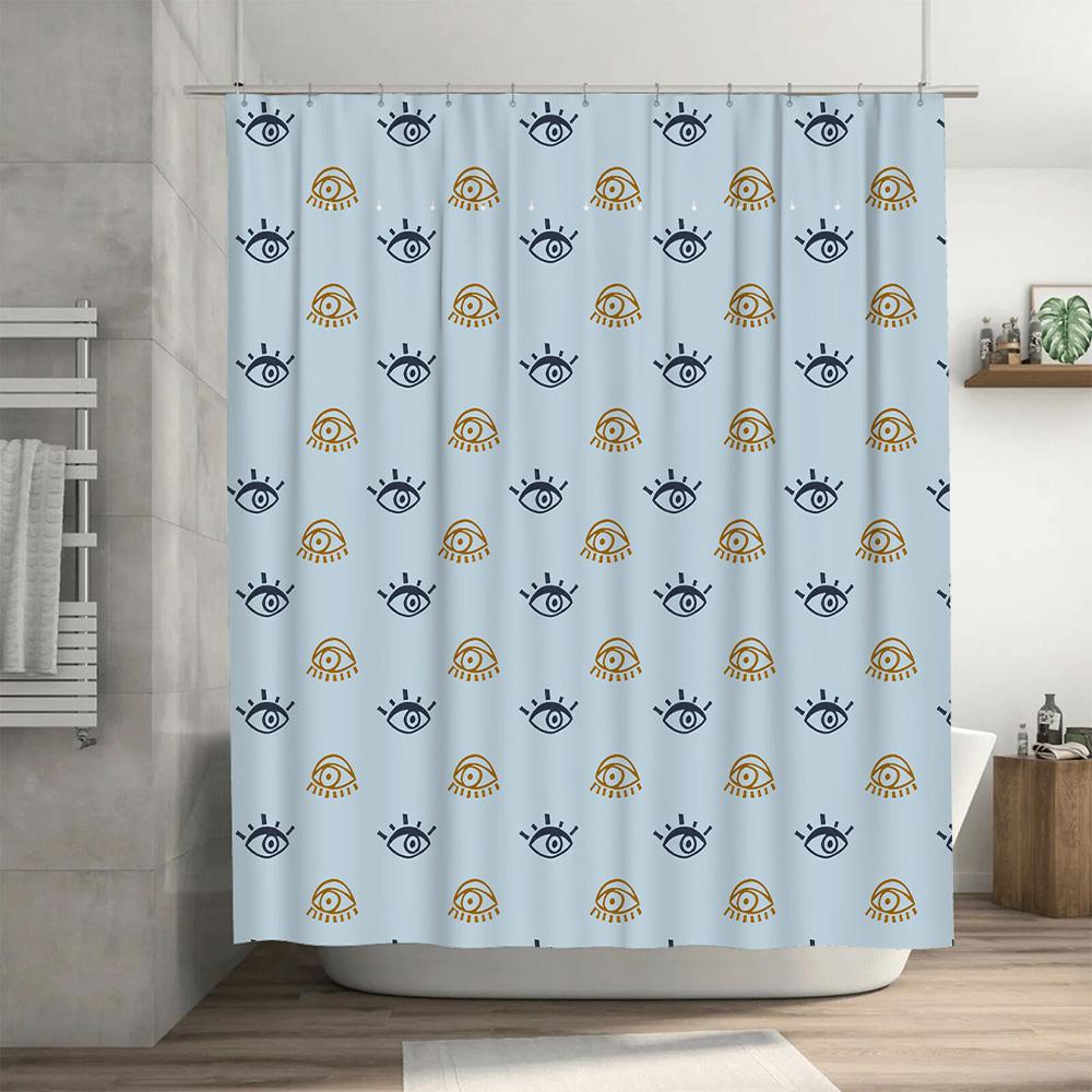 Blue Shower Curtain with Eye Pattern Decorative Waterproof Bath Mat Cover for Home Decoration (180x245cm)