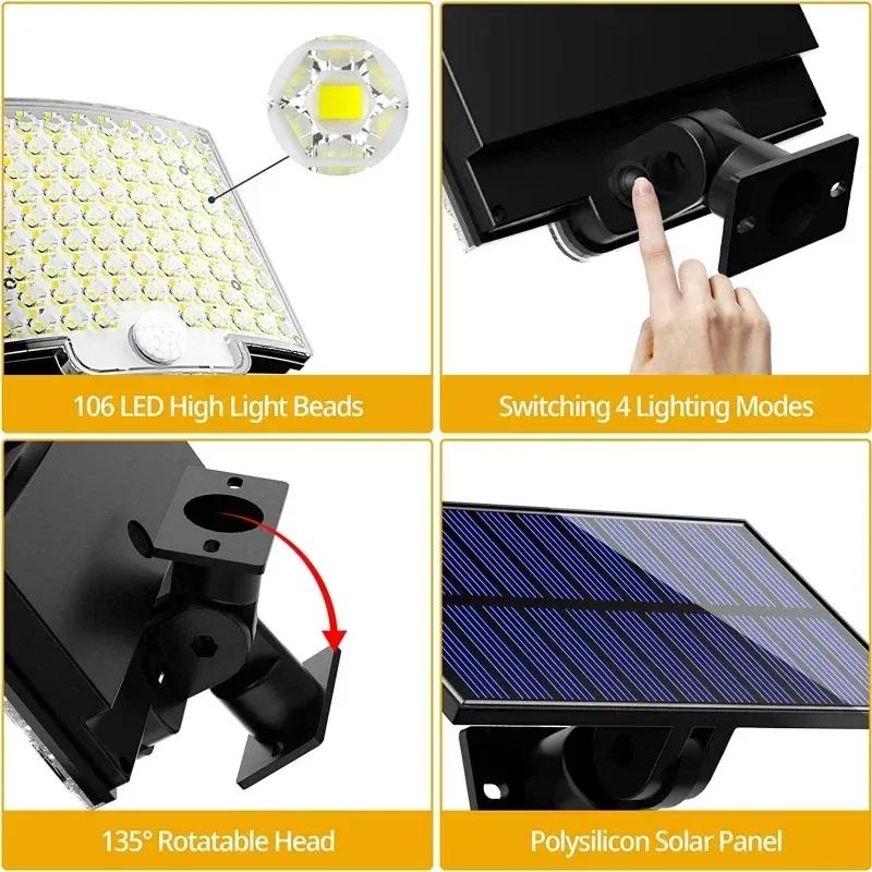160/106 LED Solar Motion Light Outdoor Separate Panel Solar Flood Lights 3 Light Modes for Garden Garage Waterproof Wall Lights