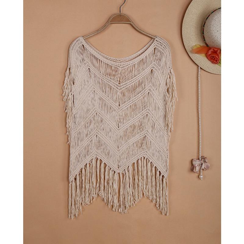 

Женский богемный пляжный накидка на весну и лето, ажурный топ с кисточками и лоскутными крючками вручную One Size абрикосовый
