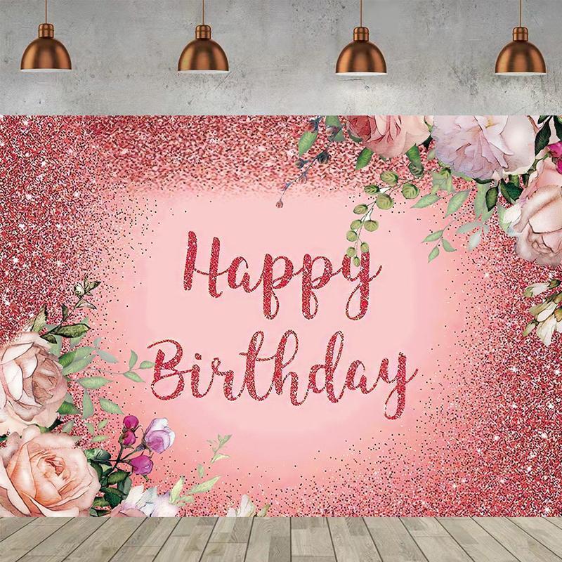 Pink Floral Happy Birthday Backdrop Background Kids Girls Vinyl Decoration 5x3ft 7x5ft 8x6ft