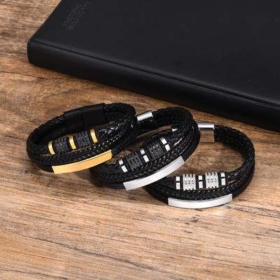 3 Layers Black PU Leather Bracelets for Men, Woven Leather Wristband, Free Personalized Stainless Steel Bangle Gift for Him