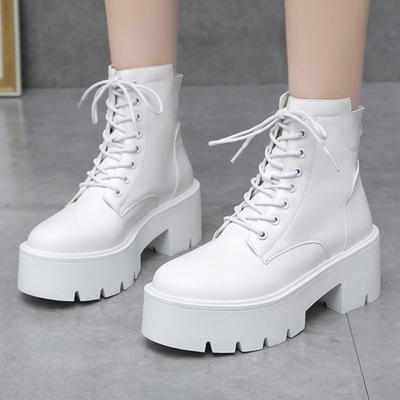 Autumn and Winter New Mid Length Leather Boots Women's New Soft Sole White Boots  Lace Up Thick Sole Women's Boots