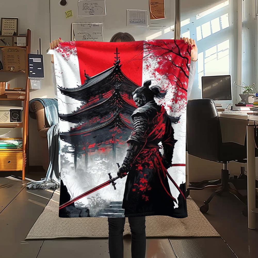 1Pc Japanese Samurai Print Flannel Blanket, High quality Comfortable for All Seasons, Home Decor, Warmth and Comfort, Perfect for Christmas Gifts