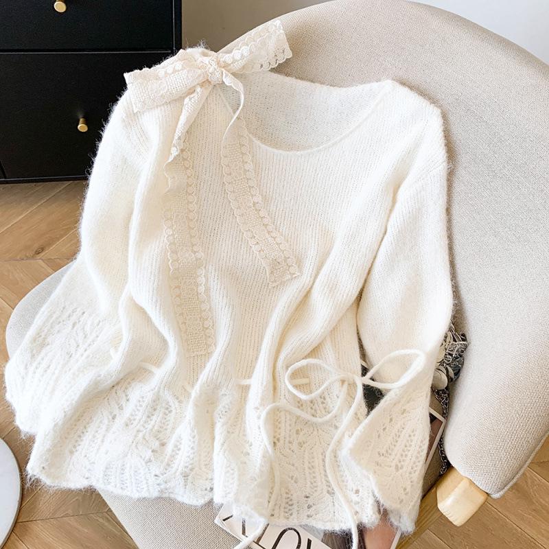 2025 Soft Purple Lace Bow Tie Knit Pullover for Spring & Autumn