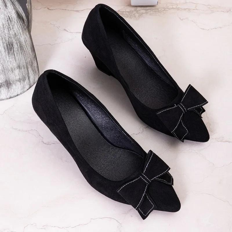 Fashion Women's Fashion Slope Heel Single Shoes Autumn New Pointed Head Shallow Mouth Butterfly Knot Non-slip Low Top Shoes