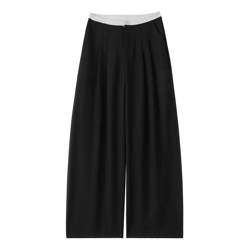 Womens Low-Waist Wide-Leg Trousers With Color-Block Detail Design Casual Chic Pants 2026 Fall
