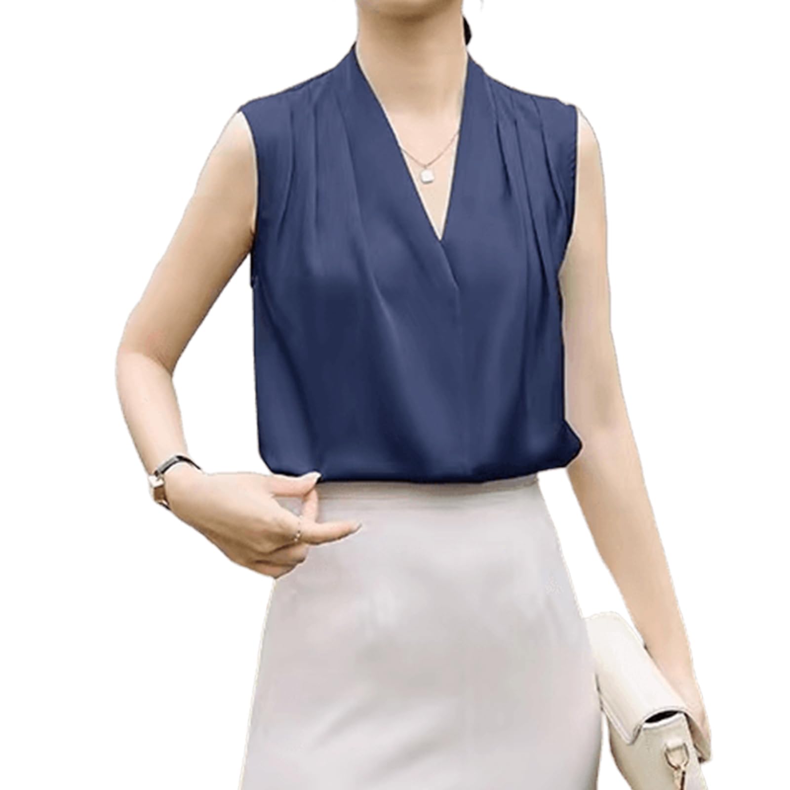 

MERONOCALLALY Без рукавов Однотонный Идеально для поездок на работу и лета Женский топ с V-образным вырезом, Элегантный, Легкий, Цветной, Прохладный, Удобный, Стройнящий, Повседневный, синий