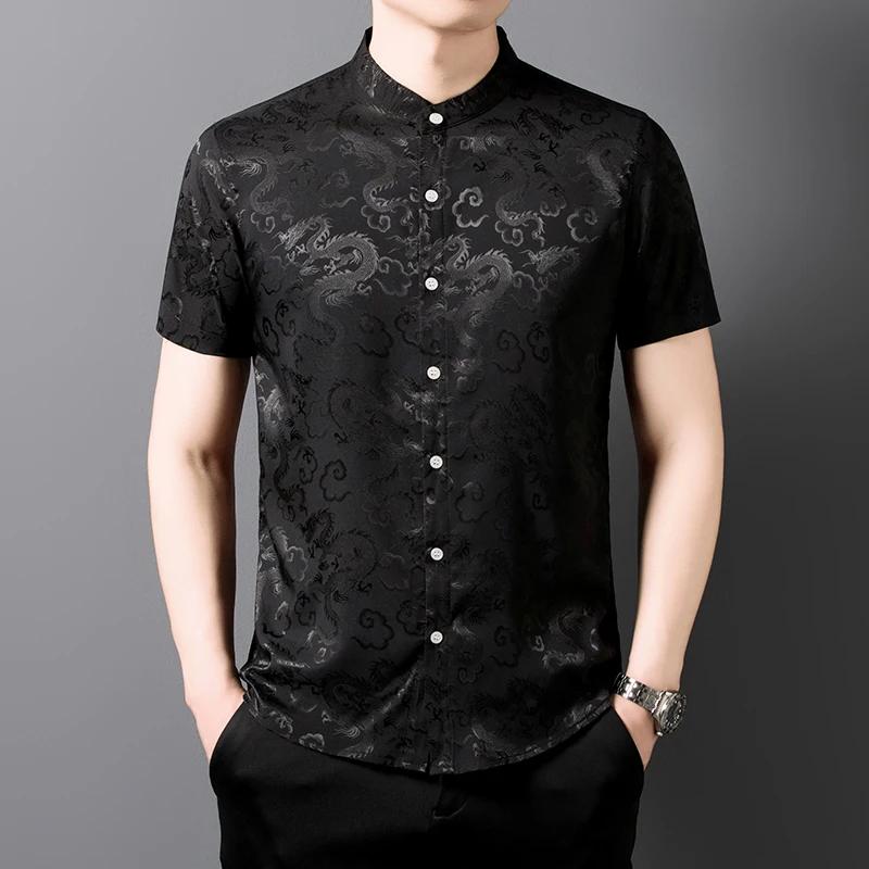 2026 New Summer Chinese Style Shirt Men Middle-Aged Hanfu Men's Stand Collar Slim Fit Short Sleeve Shirt Tang Suit Casual Tops