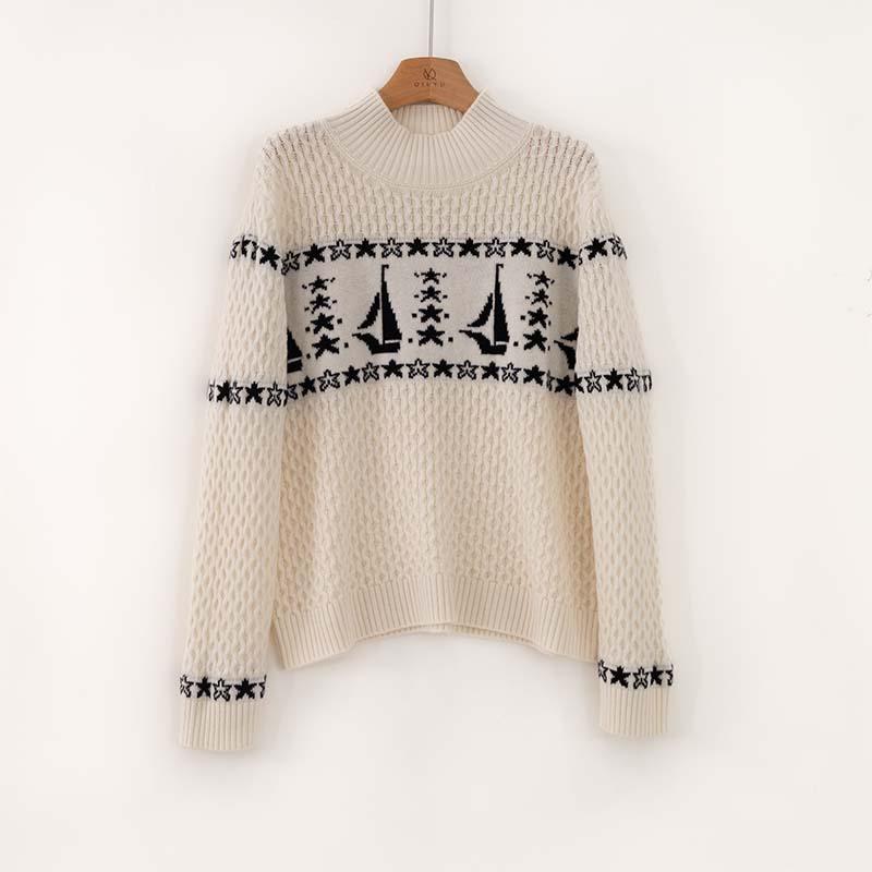 

Fair Island Chic Sailing Jacquard Loose Semi-turtleneck Sweater Women s Autumn and Winter New Thickened Knitted Sweater M белый