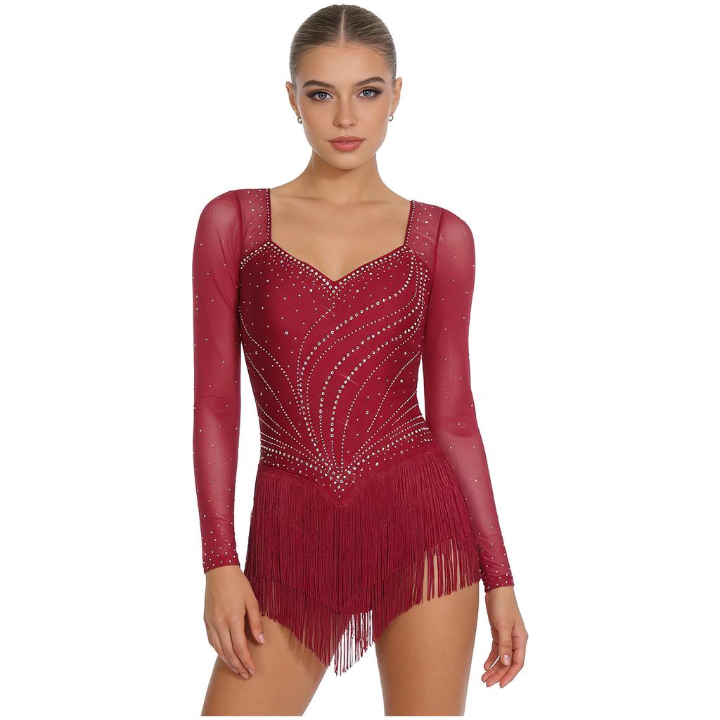 All-in-One Performance Jumpsuit for Women S-XXL: Perfect for Tango, Rumba & Figure Skating with Mesh Sleeves & Open Back