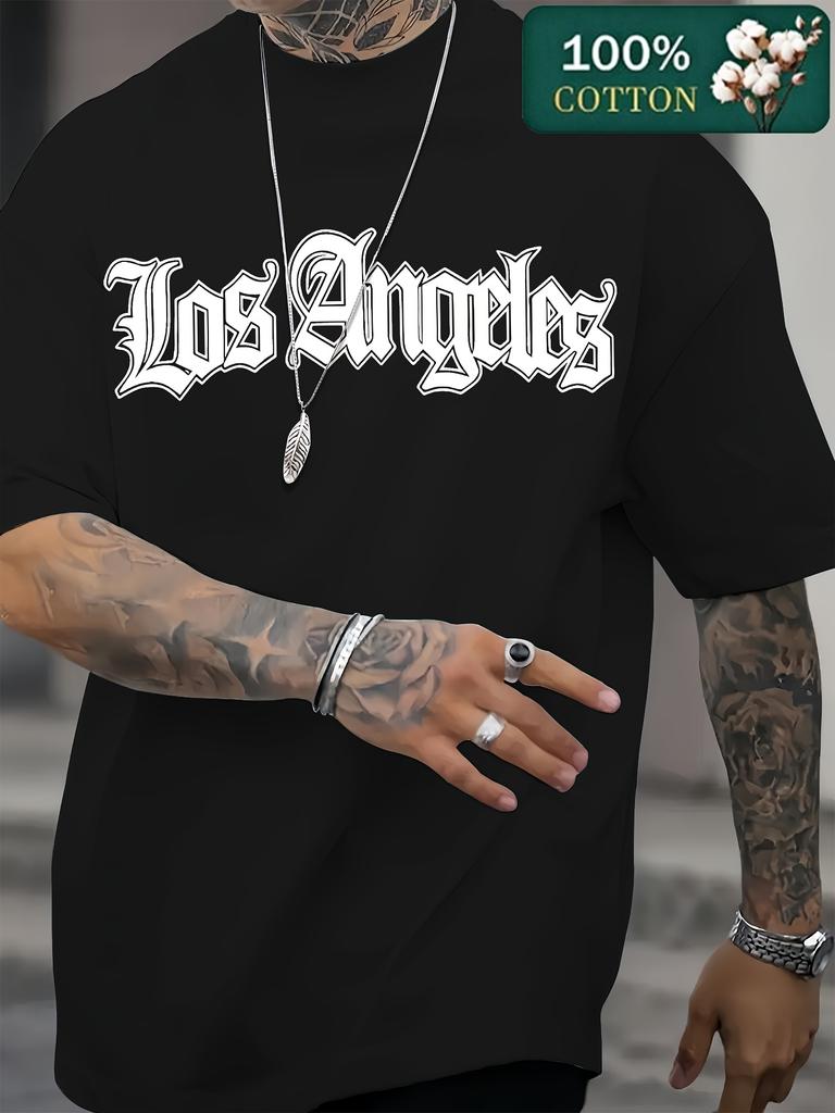 Summer 100 Pure Cotton Unisexs Casual Fashion Los Angeles Letter Pattern Print Loose Sports Round Neck Short Sleeved Tshirt Top